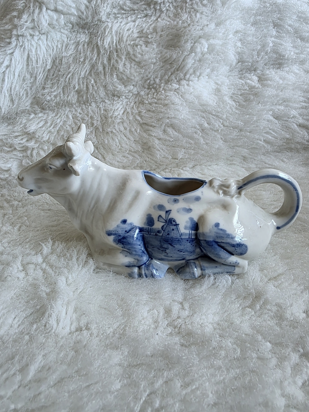 Vintage German Blue and White Ceramic Cow Pitcher - Delft-Style Tableware